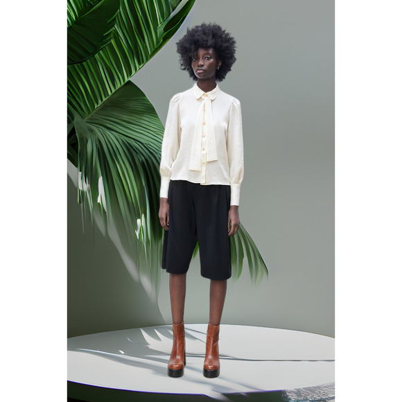 Zara Tops - NWT Zara long sleeve Front Jewel Buttons Ivory Puff collar cuff Scarf Self Tie